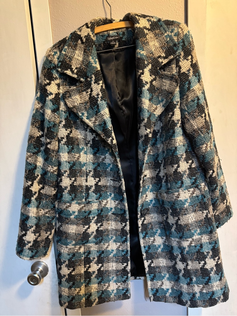 Open-Front Houndstooth Pea Coat in Teal, Black & White